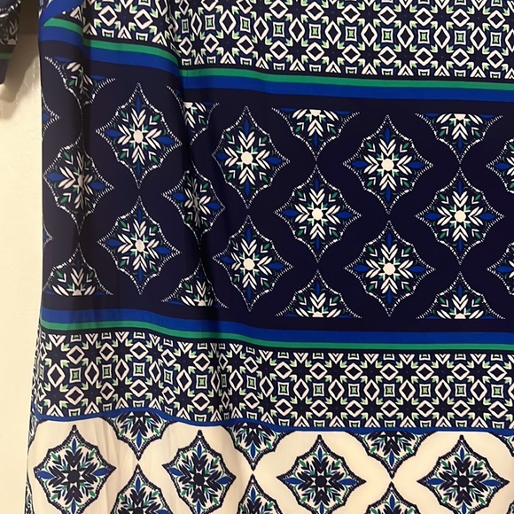 Eliza J Short-Sleeve Dress with Blue, White and Green tile pattern, 16W - Picture 3 of 7